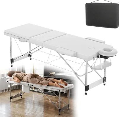 Produktbild von LZQ Klappbare Massageliege Weiß mit Armlehnen & Kopfstütze | Höhenverstellbarer Massagetisch 62-83 cm | Leichter Aluminiumrahmen, 230 kg belastbar | Mobil & tragbar | Für Therapie & Massage