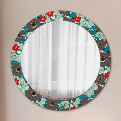 Produktbild von Dekospiegel – Hängespiegel Wandspiegel Spiegel mit Aufdruck – Spiegel – Schlafzimmer - Retro Blumen Muster - Rund: Ø70cm