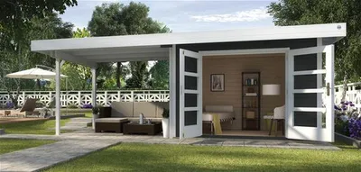 Produktbild von Gartenhaus weka Designhaus 126 B Gr.2 mit Fußboden und seitlicher Überdachung 645 x 315 cm anthrazit
