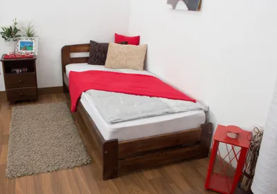Produktbild von Einzelbett / Gästebett Kiefer Vollholz massiv Nussfarben A7, inkl. Lattenrost - Abmessungen: 90 x 200 cm