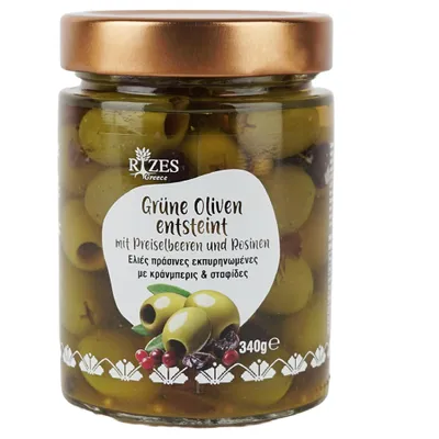 Produktbild von Rizes Greece Grüne Oliven entsteint mit Preiselbeeren und Rosinen (340 g)
