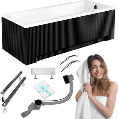 Produktbild von Aqua For You | Besco Badewanne Acryl - 170x70 Cm - Antibakterielle Beschichtung - Siphon Im Set - Schwarz - mit geriffelter Verkleidung