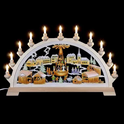 Produktbild von Schwibbogen Weihnachtsmarkt mit Pyramide, farbig (65x40cm) von Kunstgewerbe Taulin
