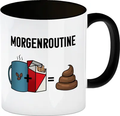 Produktbild von Meine Morgenroutine Kaffee + Kippe = Kacken Kaffeebecher Schwarz