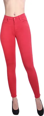 Produktbild von topschuhe24 2813 Damen Skinny Jeans Hose High Waist , Farbe:Rot, Größe:34 EU
