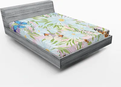 Produktbild von ABAKUHAUS Blumen Spannbetttuch, Schmetterlinge Bienen und blühende Blumen im hübschen Frühlingsfarben Glückliche Frische Feelings, 90 x 200 cm, Mehrfarbig