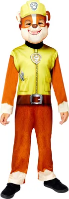 A child wearing a Rubble costume from Paw Patrol.