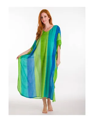 Produktbild von Boho Maxikleid I Kaftan I Freizeitskleid I Hauskleid I gestreift– türkis-grün-weiß I Baumwolle bis 3XL mit V-Ausschnitt