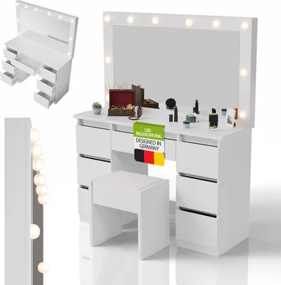 Produktbild von Juskys Schminktisch Lilia mit LED & Hocker Melly, 7 Schubladen & großem Spiegel – Weiß