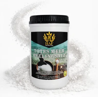 Produktbild von HAF – Totes Meer Peelingsalz (1 x 1 kg Dose) – Naturreines Körper-Peeling aus Jordanien. Für trockene Haut & Gesicht in Sauna oder Dusche verwendbar