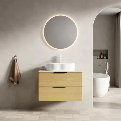 Produktbild von 75cm Schwebender Badezimmer-Waschtisch mit Weißem Ovalem Waschbecken, Travertin-Sintersteinplatte, Gebogene Kanten Sperrholzschrank mit 2 Schubladen, Corolla Eiche Holzmaserung Farb
