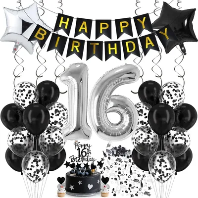 Produktbild von Ballon-Set 16. Geburtstag, Schwarz Silber, 40-teilig, für Partydekoration