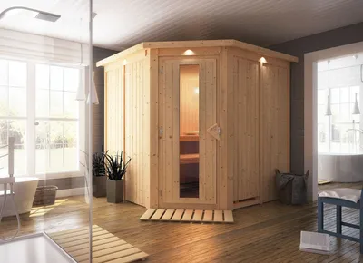 Produktbild von Karibu Sauna Innensauna Jarin Eckeinstieg ohne Zubehör 210x210x202 cm mit Dachkranz mit Energiespartür