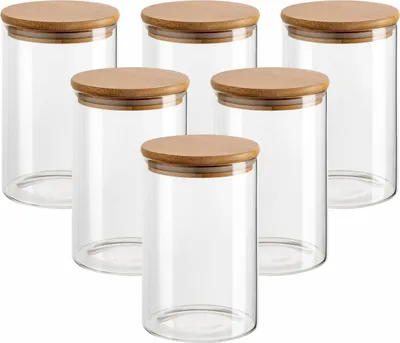 Produktbild von gouveo 6er Set Vorratsdose 500 ml rund aus Borosilikatglas mit Deckel - Glasbehälter mit Etiketten für Küche, Haushalt - Robustes Vorratsglas