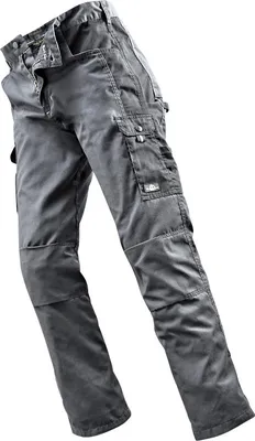 A pair of gray cargo pants is shown against a white background.