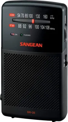 A black Sangean SR-35 radio is shown against a black background.
