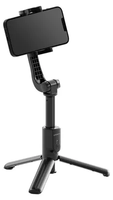 A black selfie stick with an integrated tripod and a smartphone mounted on it, shown against a white background.
