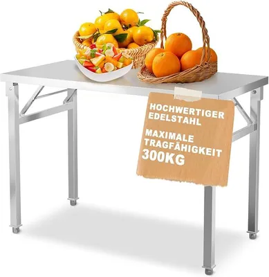 Imagen del producto de Mesa de trabajo de acero inoxidable, modelo S, de 100x60x85 cm, plegable, con capacidad de carga de 300 kg, ideal como mesa de cocina, mesa de preparación o banco de trabajo para cocina, restaurante, bar o servicio de catering, con patas ajustables