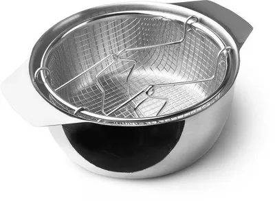 Image de Friteuse Unyqoos® en acier inoxydable (18%), capacité 2 litres, avec panier de friture et couvercle en verre borosilicaté, compatible avec les plaques à induction, dimensions compactes : 20 cm