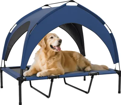 Produktbild von Hundebett Outdoor mit Sonnendach, Hundeliege erhöht mit Tragetasche, Oxford-Taft Stahlrahmen, Blau | 106x76x94 cm | bis 30 kg | klappbar