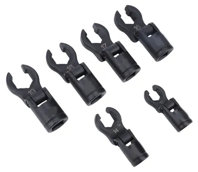 Produktbild von 6-teiliges Set mit Krallenschlüsseln, 1/2-Zoll- und 3/8-Zoll-Antrieb, 6-Kant-Steckschlüssel, flexibler Kopf, für Kraftstoffleitungen, Öffnungsweiten: 12 mm, 14 mm, 16 mm, 17 mm, 18 mm, 19 mm