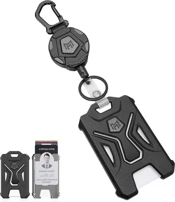 Image de Allecto Premium - Porte-clés noir avec mousqueton pour carte d'identité avec cordon extensible de 80 cm