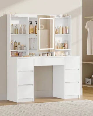 Produktbild von Schreibtisch mit Beleuchtung – Weiß mit LED-Beleuchtung – 7 Schubladen, 4 Ablagen – Holz – Für das Schlafzimmer