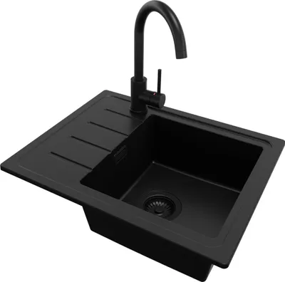 A black kitchen sink with a black faucet, shown from a slightly elevated diagonal angle against a white background.