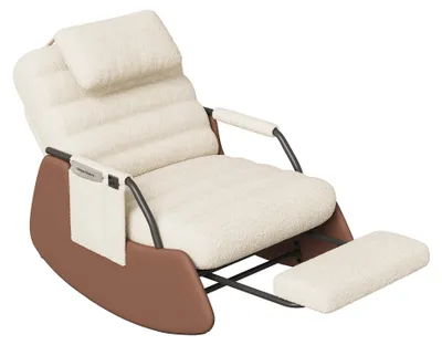 Immagine prodotto di Poltrona relax UnboxG a dondolo con poggiapiedi, regolabile in 3 posizioni, morbido velluto d'agnello, schiuma ad alta densità, comoda e stabile, beige/marrone