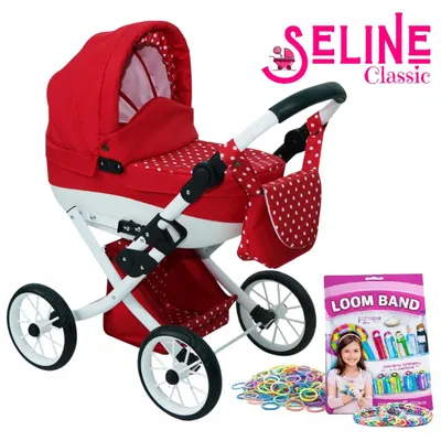 Productafbeelding van Duży, inklapbaar kinderwagenmodel Seline Classic – rood met witte stippen + tas + mand