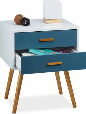 Produktbild von 2 x Beistellschrank Skandinavisches Design, 2 Schubladen, Retro HBT: 58 x 41 x 48 cm, matt lackiert, türkis weiß