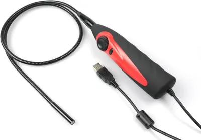 A USB videoscope with a flexible cable and a red and black handle is shown against a white background.