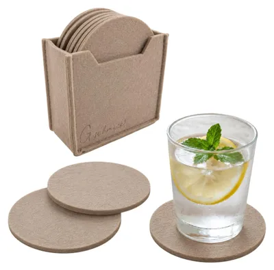 Produktbild von Filz Untersetzer für Gläser & Tassen 12er Set mit Box, runde Tischuntersetzer 10cm abwaschbar Beige