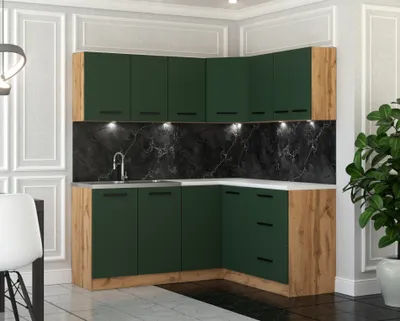 Zdjęcie produktu dla Blanco ® Meble kuchenne narożne Kuchnia narożna DIANA 3,2m DĄB WOTAN/BUTELKOWA ZIELEŃ ZESTAW REGAŁ ANEKS SZAFKA BLAT