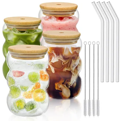 Immagine prodotto di Set di 4 bicchieri in vetro borosilicato da 550 ml, con coperchio e cannucce