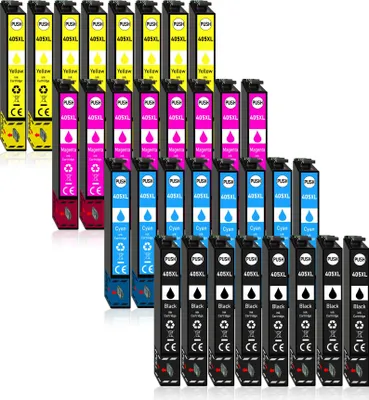 A collection of printer ink cartridges arranged in rows.