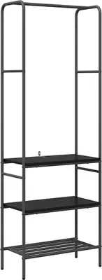 A black metal garment rack with three shelves against a white background.