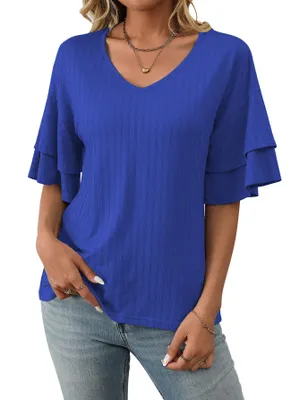 Image de ASKSA T-shirt manches longues chemisier col V été élégant haut uni ample tunique casual tops (bleu,XL)