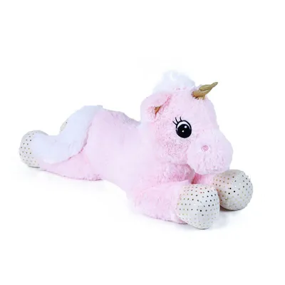 A pink plush unicorn lying down on a white background.