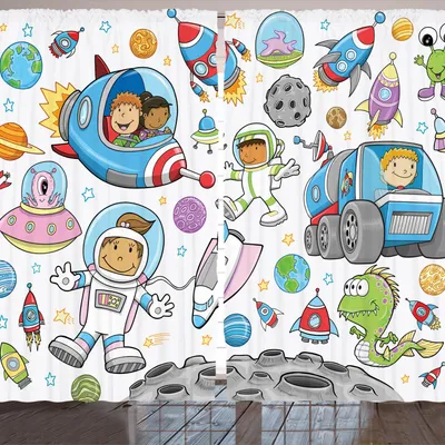 Produktbild von ARANDE Weltraum Gardine, Netter Weltraum-Astronaut-Mädchen-Junge Aliens Rockets auf Mond scherzt Kinderzimmer-Thema, 280 x 225 cm, Mehrfarbig