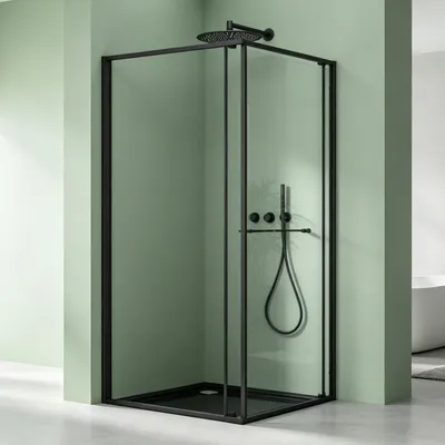 Produktbild von Mai & Mai Duschkabine Eckeinstieg 75x75 cm mit Schiebetür nach innen, Eckdusche Duschabtrennung 195cm Höhe, 6mm ESG-Sicherheitsglas Nano-Beschichtung Ravenna69K Schwarz