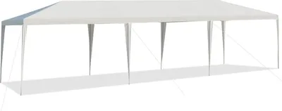 A long, white party tent or gazebo with multiple support poles.