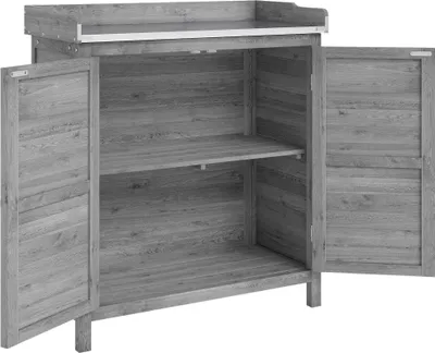 Produktbild von Gartenschrank mit Metallarbeitsplatte, graues Holz