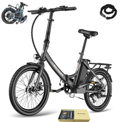 A black electric bicycle is displayed on a white background, with a smaller blue bicycle shown in the upper left corner. A black bicycle lock is in the upper right corner, and a gift box with accessories is at the bottom center.