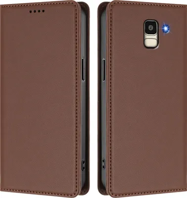 Produktbild von Handyhülle für Samsung Galaxy J6 2018, Kunstleder Klapphülle Stoßfeste Magnetische Hülle mit Ständer Braun
