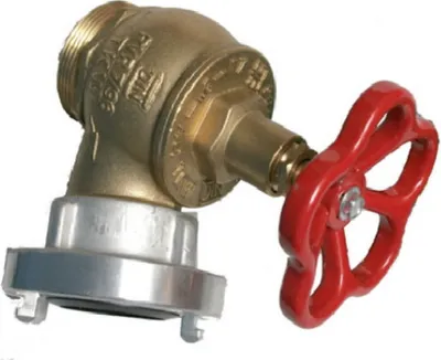 A brass fire hydrant valve with a red handle on a white background.
