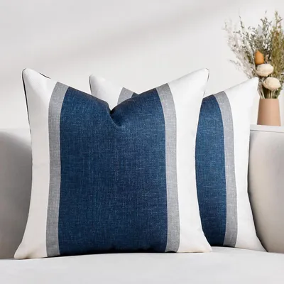 Immagine prodotto di Cuscini decorativi, fodere blu, 50x50 cm, motivo a righe patchwork, confezione da 2 pezzi