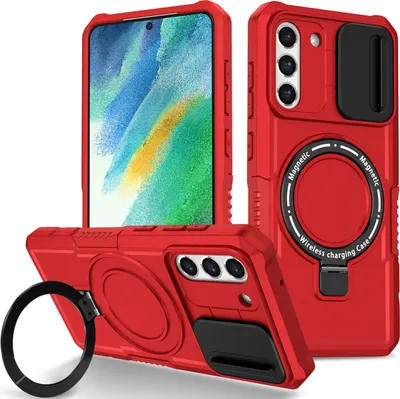 A red phone case with a magnetic ring stand and a sliding camera cover is displayed from multiple angles.
