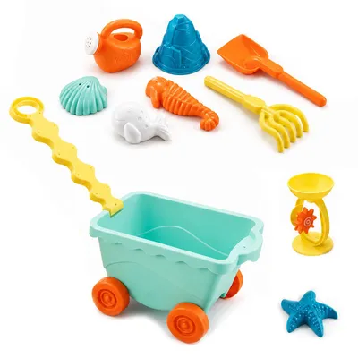Produktbild von 10-teiliges Sandspielzeug Set mit Ziehwagen und Wasserkanne, Strandspielzeug Kinder Sandkasten Spielzeug Outdoor für Strand & Garten