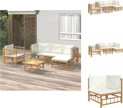Produktbild von vidaXL 6-tlg. Garten-Lounge-Set mit Cremeweißen Kissen Bambus -  Gartenmöbel-Sets